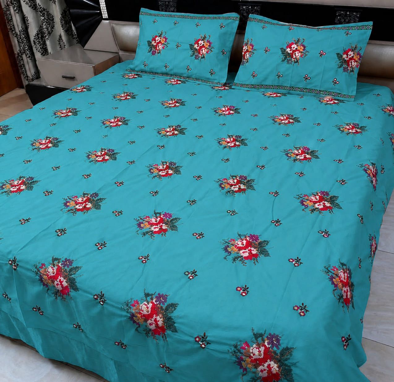 Royal Flower Cross Stitch Embroidered King Size Bed Sheet Set 🌸