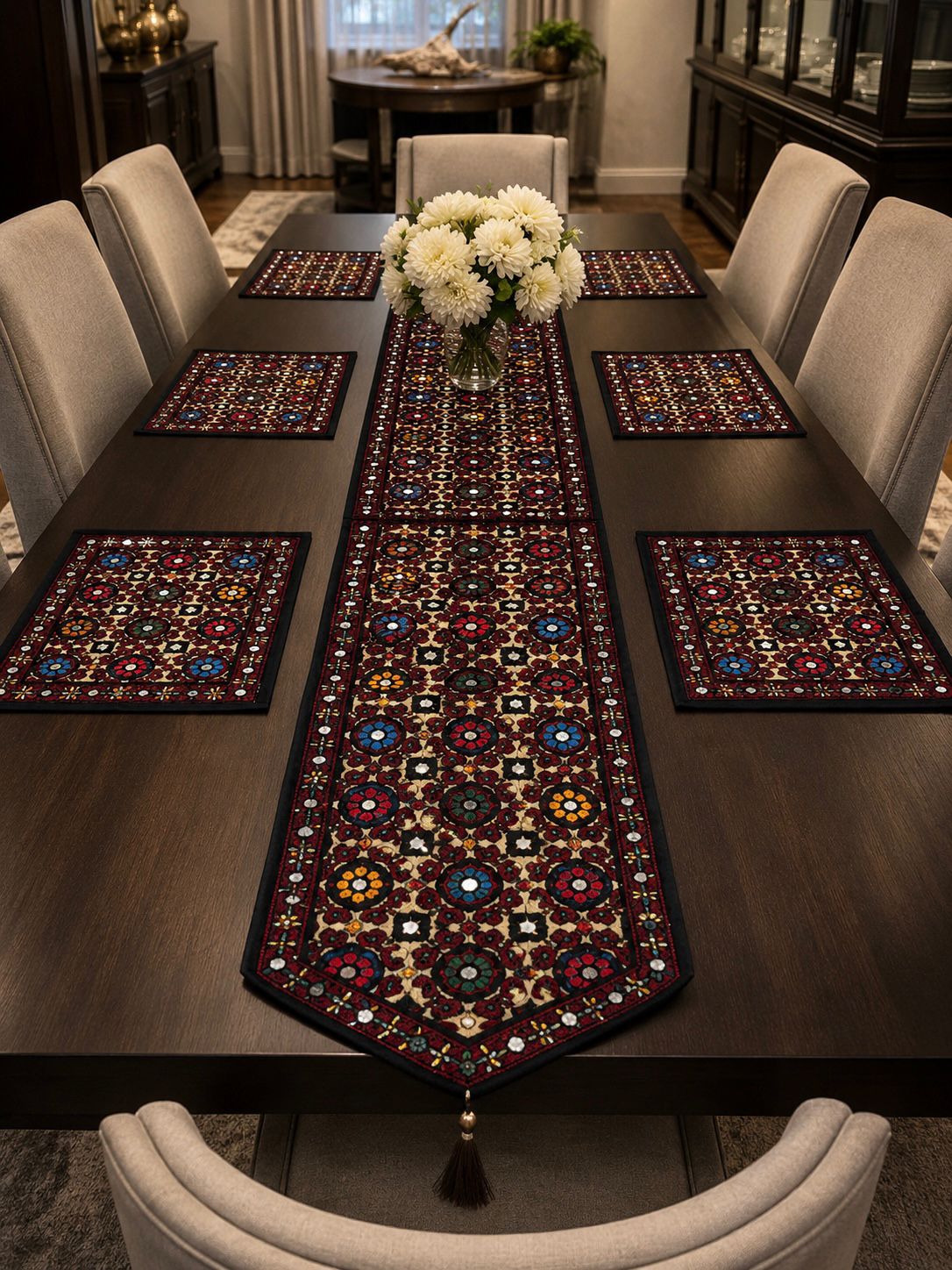 Fancy Antique Traditional Multi Arri Sitara Embroidered 7PC Dining Table Set