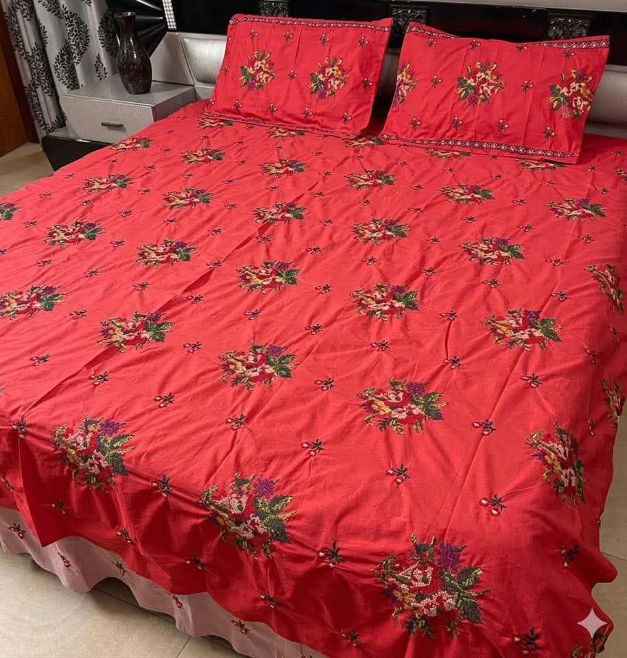 Royal Flower Cross Stitch Embroidered King Size Bed Sheet Set 🌸