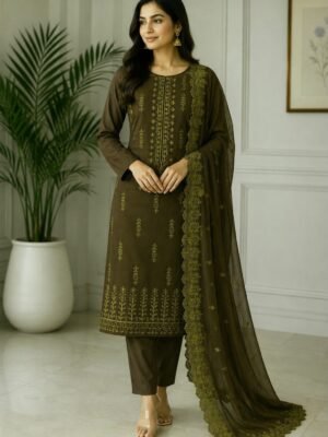 Chiffon Embroidered Chikankari Work 3 Piece Unstitched Lawn Cotton Suit With Cutwork Dupatta
